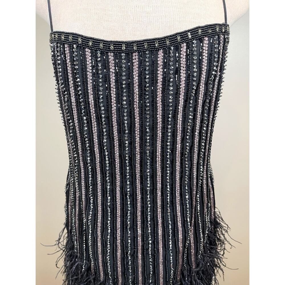 Retrofete Black and Silver Rubina Sequin Feather Hem Mini Dress Size Medium - Picture 5 of 12